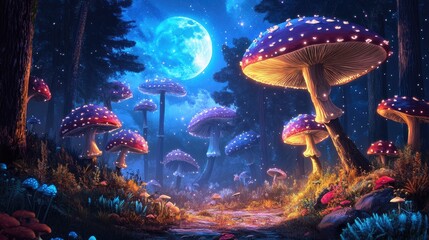 Surreal mushroom landscape featuring a whimsical wonderland with dreamy mushrooms under a moon 2d illustration ideal for book cover depicting a magical forest and captivating nature