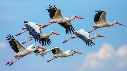 Fototapeta premium A flock of storks migrating together, forming a natural transport system across continents