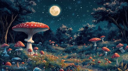 Surreal mushroom landscape featuring a whimsical wonderland with dreamy mushrooms under a moon 2d illustration ideal for book cover depicting a magical forest and captivating nature