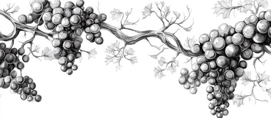 Fototapeta premium Abstract artwork featuring grape branches Intricate black ink pen designs Monochrome natural forms Surreal original art Tranquil nature backdrop Creative landscape ideal for posters and fabric pri