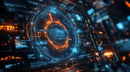 Futuristic digital circular interface with glowing data points and cyberpunk elements, perfect for technology-themed designs. High-tech background with dark blue tones and orange highlights