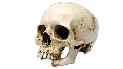 Obraz premium A skull with hollow eye sockets and cracks in the bone isolated on a plain white background
