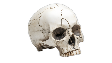 A skull with hollow eye sockets and cracks in the bone isolated on a plain white background