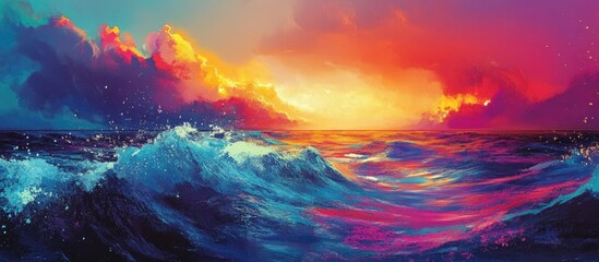 A vibrant and imaginative surreal seascape featuring a spectrum of colors in the ocean