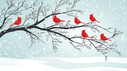 group of red birds perched on tree branches in winter vector illustration with simple lines and flat colors