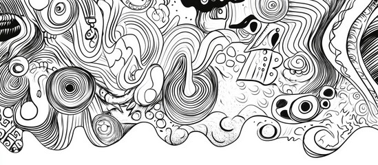 Surreal abstract doodle design for coloring book featuring whimsical elements on a white background