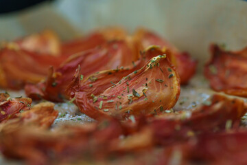 cooked pieces of dried tomatoes, sprinkled with spices, Italian cooking, Mediterranean cuisine