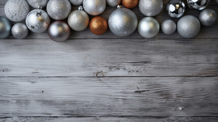Naklejka premium Set of christmas balls on a gray wooden background or board