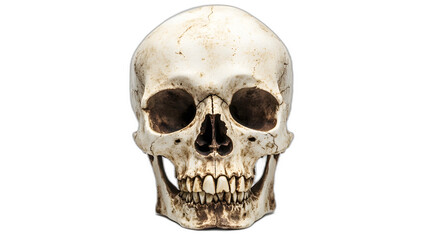 A skull with hollow eye sockets and cracks in the bone isolated on a plain white background