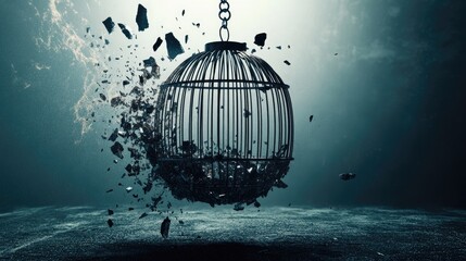 Abstract 3D illustration of breaking free from confinement symbolized by a wrecking ball shattering a birdcage representing hope and liberation from addiction or imprisonment