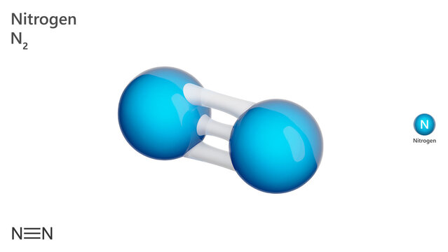 3d model of the nitrogen molecule (N2). Nitrogen gas N2 is colorless, odorless and tasteless, insoluble in water. White background. 3d illustration