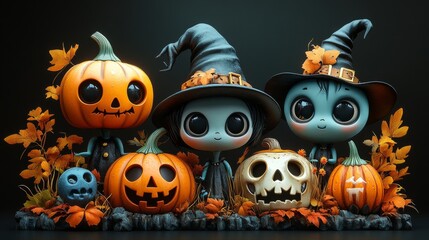 Obraz premium Whimsical Halloween Characters with Pumpkins and Witches in Festive Autumn Setting