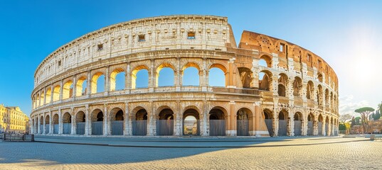 Colosseums Majestic Architecture An Elegant Symbol of Romes Rich Cultural Heritage Under Blue Sky