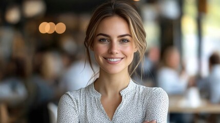 Fototapeta premium Beautiful Woman Smiling Confidently in a Cafe
