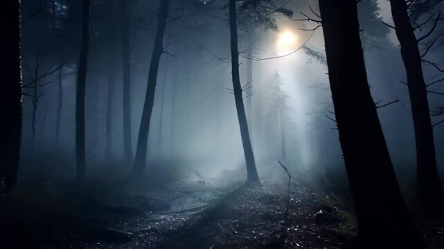foggy and dark woods at night, mystery forest. Magical saturated foggy forest trees landscape. Generative AI