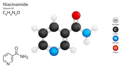 A 3D model of one of the forms of vitamin B3 niacinamide C6H6N2O. 3d illustration. White background.