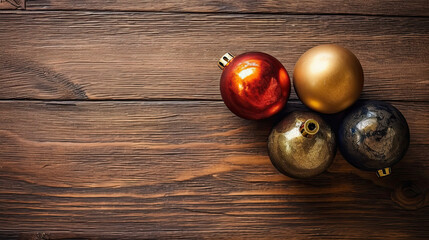 Naklejka premium Set of christmas balls on a tan wooden background or board