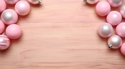 Obraz premium Set of christmas balls on a blush wooden background or board