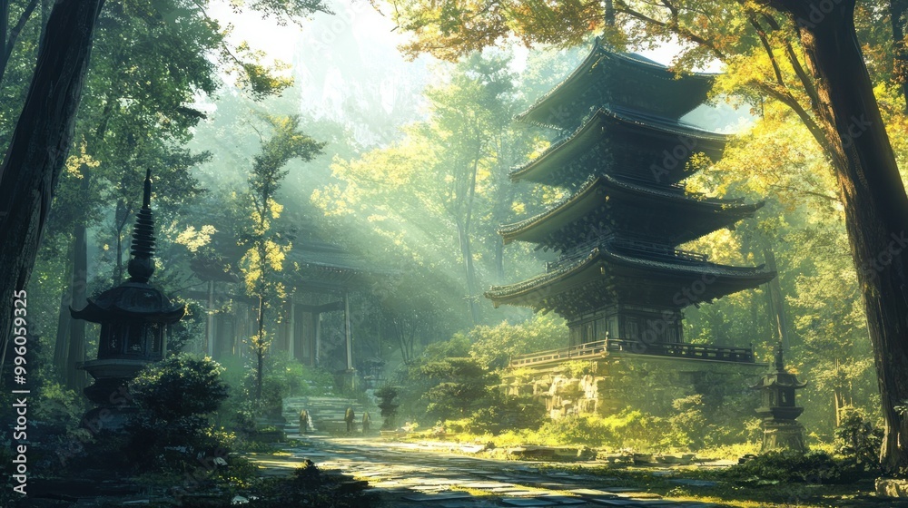 Poster Ancient Japanese Pagoda Amidst Sun-Drenched Forest