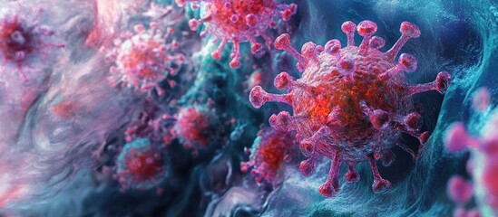 Influenza virus cells in a surrealistic art depiction Hand washing with sanitizer gel featured on a long horizontal banner 3D rendering illustration of microorganisms up close