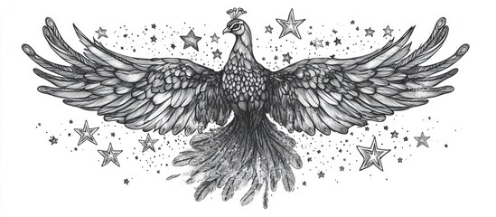 2d illustration of a peacock adorned with stars featuring a hand drawn style Suitable for tattoo designs and templates for cards posters banners t shirts pins badges and patches