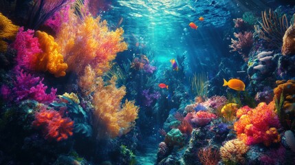 Vibrant Coral Reef with Sunbeams and Colorful Fish