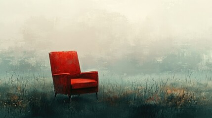 Red chair in a surreal landscape symbolizing solitude sadness depression and loneliness depicted through a painting illustration in conceptual art style