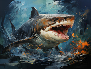 Obraz premium Fierce great white shark emerging from the ocean with an aggressive posture, showcasing power and intensity