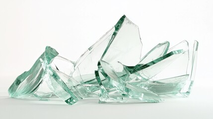 A broken glass vase with sharp, jagged pieces scattered on a white background