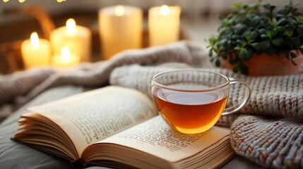 A glass of tea resting on an open book with candles and a potted plant in the background.