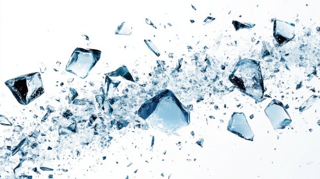 A burst of broken glass pieces flying through the air, frozen against a white background