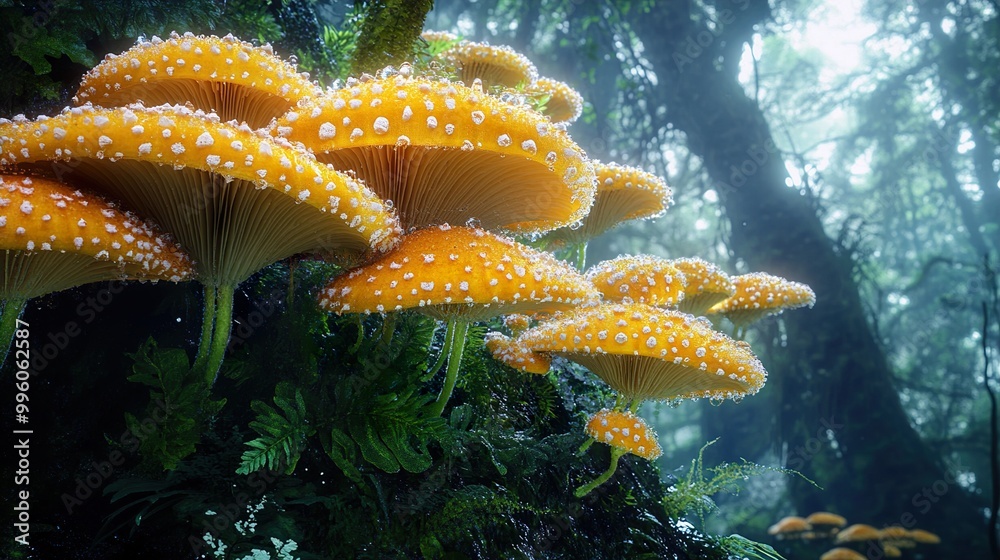 Canvas Prints Enchanted Forest: Close-Up of Dew-Covered Mushrooms