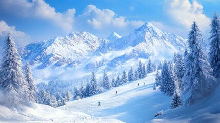 A scenic mountain landscape with snow-covered peaks under a bright blue sky, with skiers gliding down the slopes.