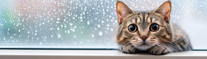 Fototapeta premium A curious cat looks out the window, captivated by raindrops on the glass, creating a cozy indoor atmosphere.