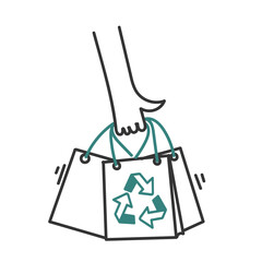 hand holding paper bag with recycle symbol in doodle cartoon style