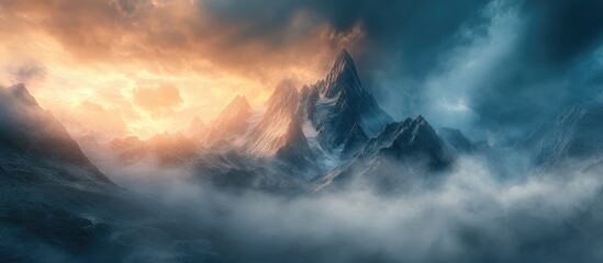 Surreal 3D landscape illustration featuring towering peaks and mountains set against a dramatic cloudy sky