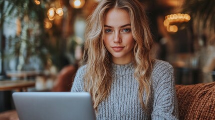 Young Woman Using Laptop in Cafe