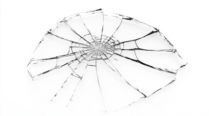 Obraz premium A large broken glass pane with a spider-web crack pattern, isolated on a white background