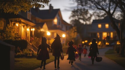 Obraz premium Trick-or-treaters in spooky costumes on Halloween night