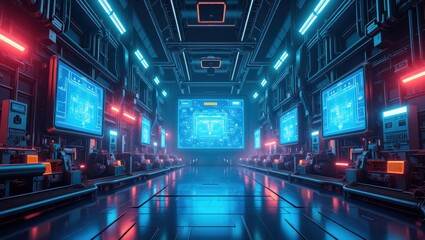 Futuristic Sci Fi Corridor with Neon Lights and Monitors