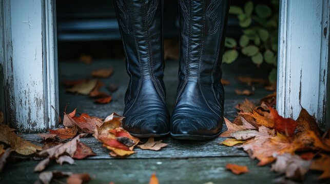 Black pointed witch boots at doorway with autumn leaves