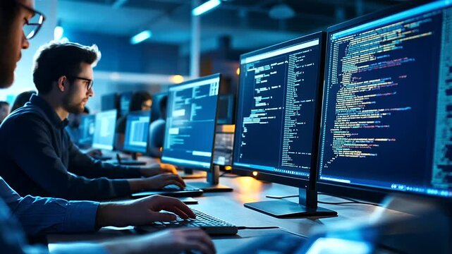 A group of developers working collaboratively on creating a software script for an open-source automation platform. Their screens show lines of code alongside