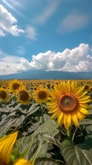 Fototapeta premium A field of sunflowers with a blue sky in the background