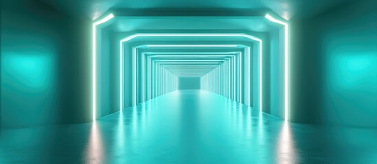 Fototapeta premium Surreal 3D rendering featuring an abstract teal green corridor design with a conceptual interior and background