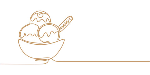 One continuous line drawing of ice cream in a bowl. Ice cream with cherry in plate freehand drawn silhouette illustration. Vector line art isolated on white background, Continuous one line drawing