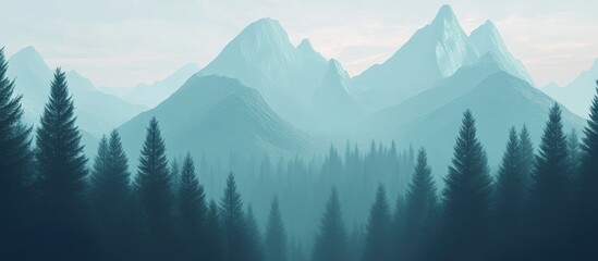 3D illustration depicting a fantasy landscape featuring mountains and evergreen trees