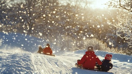 A scenic snowy hill with children sledding, laughter filling the crisp winter air.