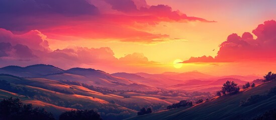 A serene landscape featuring rolling hills and a vibrant sunset sky creating a tranquil atmosphere perfect for relaxation and contemplation