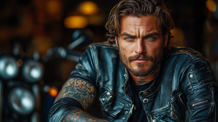 Brutal tattooed biker man in leather clothes and black motorcycle. High detail. Professional portrait shot