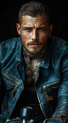 Obraz premium Brutal tattooed biker man in leather clothes and black motorcycle. High detail. Professional portrait shot